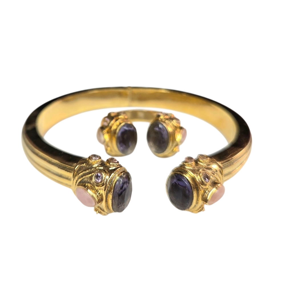 Etruscan 18k Gold Plated Blue Chalcedony Onyx Amethyst Chunky Bracelet - Picture 7 of 7